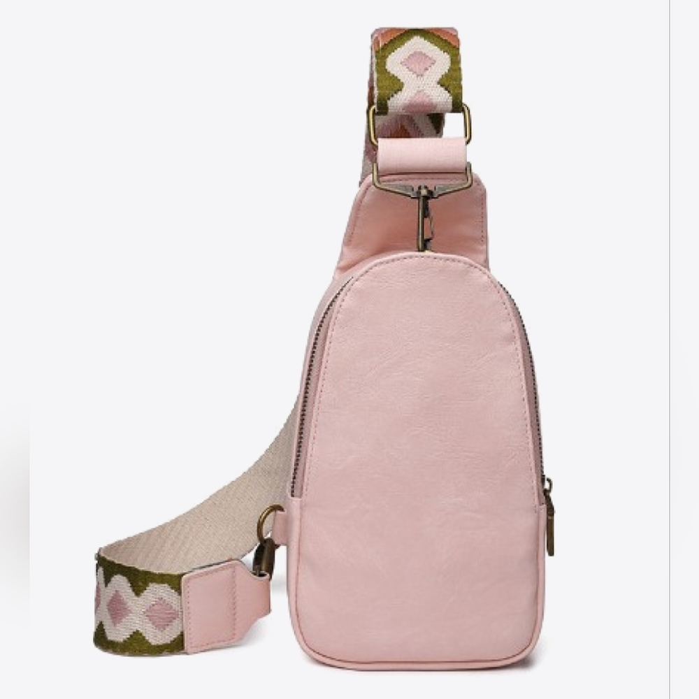 Vegan Leather Crossbody Sling Bag Shoulder Purse Convertible Guitar Strap Pink